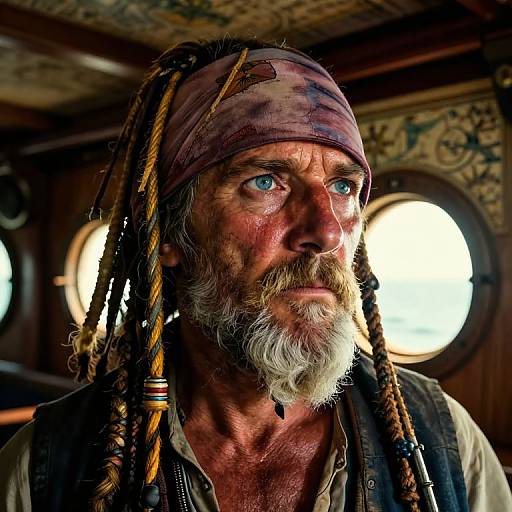 Photograph of a rugged, middle-aged man with blue eyes, white beard, and dreadlocks, wearing a worn headband, indoors with circular windows