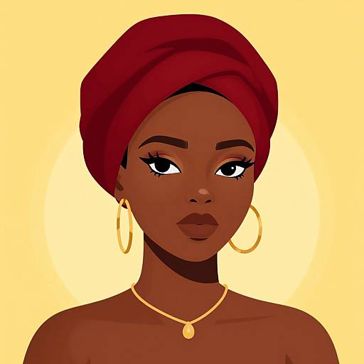 Digital illustration of a dark-skinned woman with large hoop earrings, red headwrap, gold necklace, and intense gaze against a yellow background.