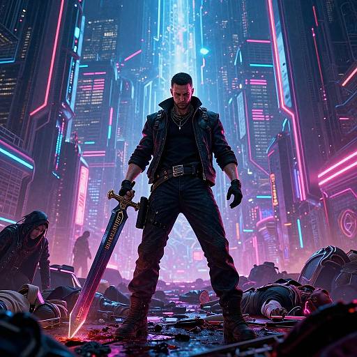 Cyberpunk Lone Warrior in Neon City