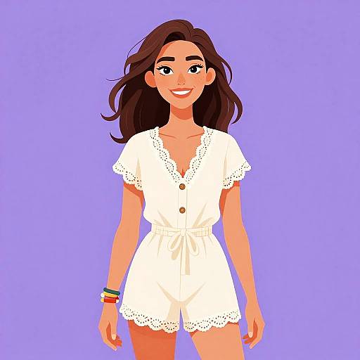 Digital illustration of a smiling woman with long brown hair, wearing a white lace-trimmed romper, and colorful bracelets, against a purple background.