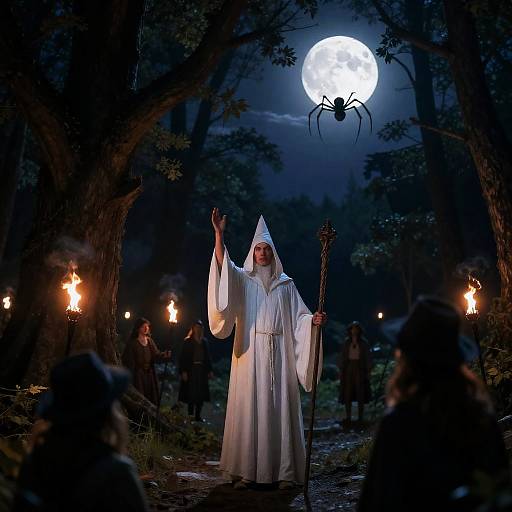 Mystical Night Forest with Wizard and Torches