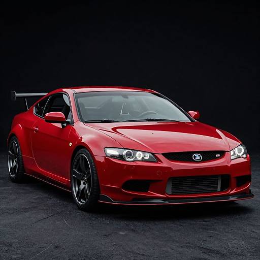 Photograph of a vibrant red, sporty, modified sedan with a black rear spoiler, low-profile tires, and glowing headlights against a dark background.