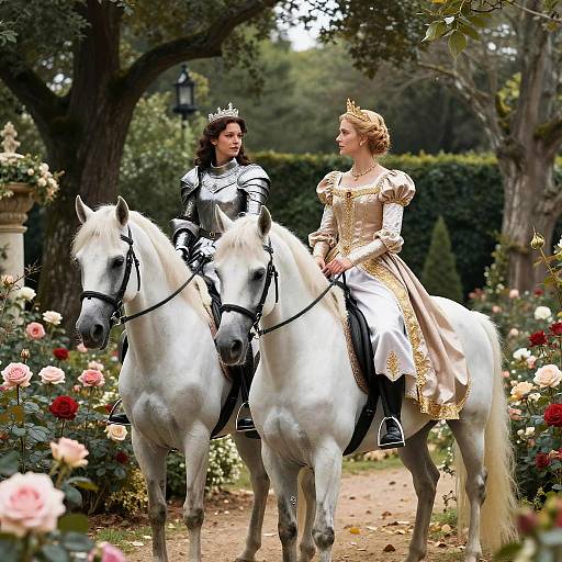 Photograph of two women in medieval and Renaissance attire, riding white horses through a rose garden, with lush greenery in the background.