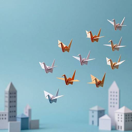 Origami Crane Army Over Paper Cities
