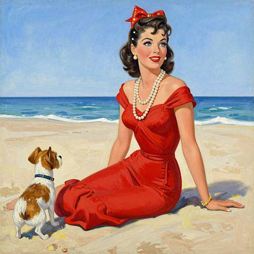 Vintage-style digital painting of a red-dressed woman with pearl necklace and red bow, sitting on a beach, looking at a small brown and white dog