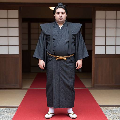 Photograph of a serious-looking Asian man in traditional black kimono with wide shoulders, brown belt, white socks, and white sandals, standing on a