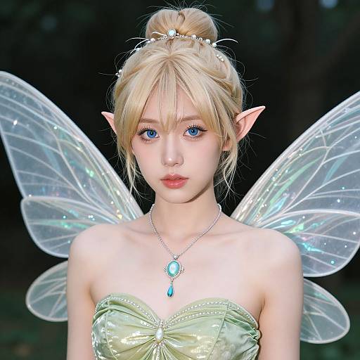 Digital fantasy portrait of a blonde elf with blue eyes, pointed ears, translucent wings, and a green strapless dress, set against a dark forest background