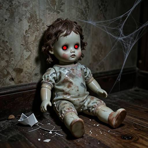 Creepy, blood-stained doll with glowing red eyes, brown curly hair, and spider web, sitting on a dirty wooden floor against a grimy