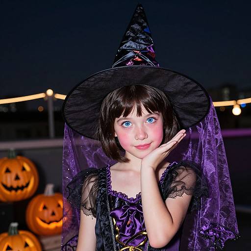Photograph of a young girl with blue eyes, wearing a black witch hat, purple lace dress, and veil, smiling at a dark Halloween night with
