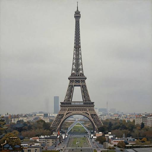 Photograph of Paris' Eiffel Tower centered against an overcast sky, with a straight avenue leading to the iconic iron structure.