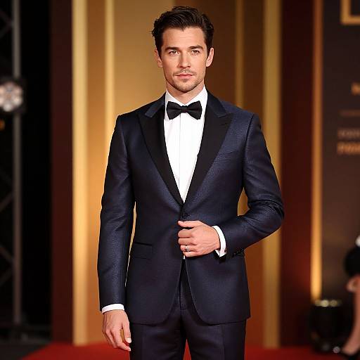 Photograph of a handsome man with short dark hair, wearing a black tuxedo, white shirt, and black bow tie, standing on a red