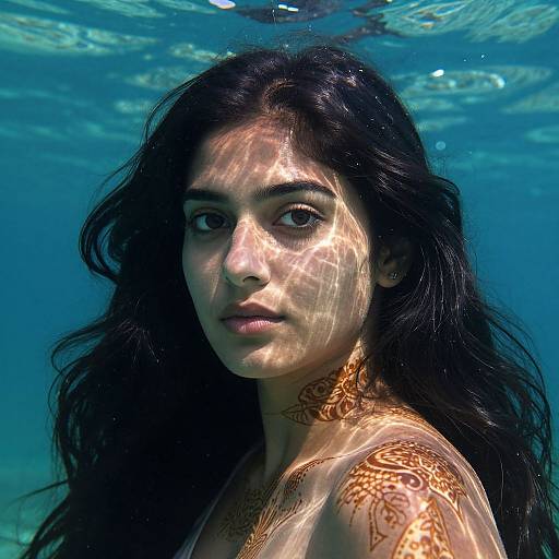 Photograph of an underwater woman with long dark hair, brown eyes, and intricate henna tattoos on her shoulders, illuminated by sunlight. Blue water background