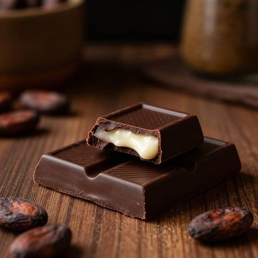 Photograph of a broken dark chocolate square with a glossy, white center on a wooden surface, surrounded by dried dates.