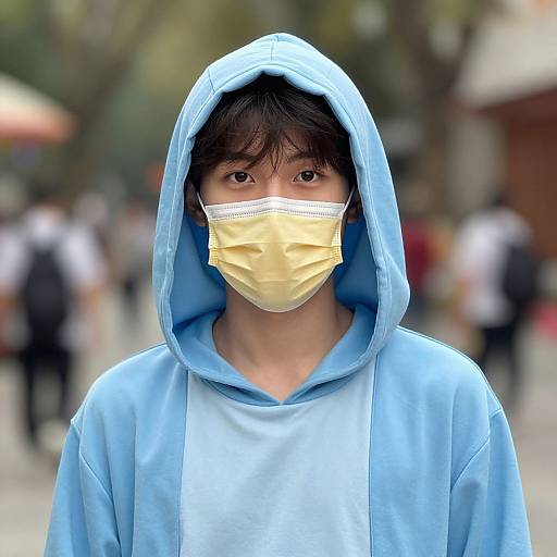 Photograph of an Asian teenage boy with medium-length black hair, wearing a blue hoodie, yellow face mask, and blurred urban background.