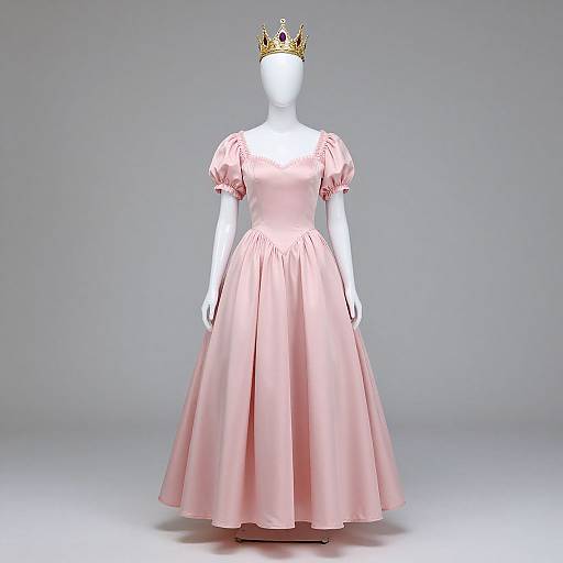 Photograph of a white mannequin wearing a pink, puffed-sleeve ball gown with a golden crown, set against a plain grey background