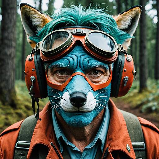 Man Wearing Blue Fox Mask and WW2 Pilot Goggles in Forest