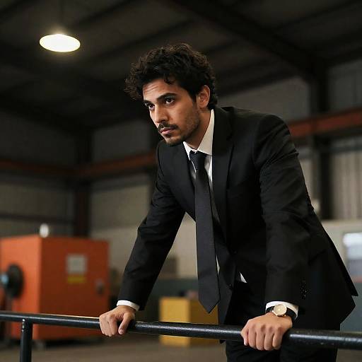 Intense Man in Industrial Warehouse Setting
