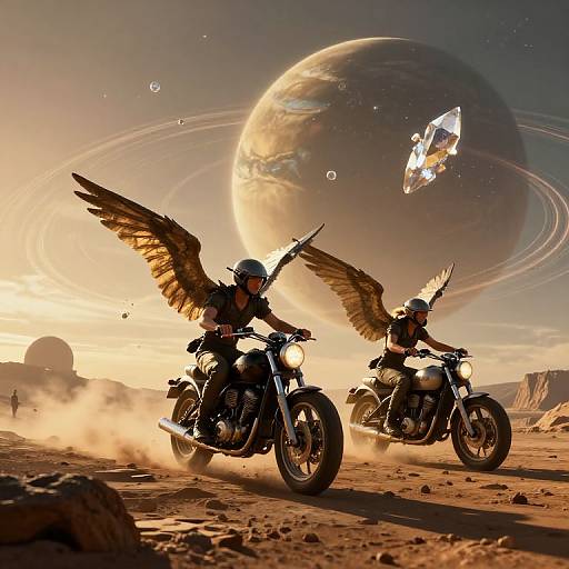 Digital artwork: Two angel-winged motorcyclists ride through a dusty, desert-like planet with a large, glowing planet and a spacecraft in the background