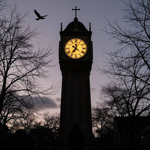 Silhouetted clock tower with glowing yellow face, leafless trees, and a flying bird against a twilight purple sky. Photographic image.