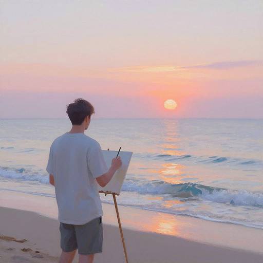 Photograph of a man with short dark hair, wearing a white shirt and gray shorts, painting a sunset over the ocean on an easel at a