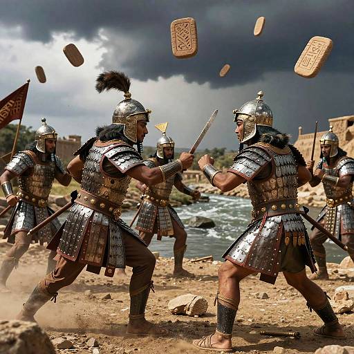 Sumerian Warriors in Stormy Battle