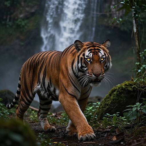 Photograph of a majestic Bengal tiger with intense yellow eyes, walking through a lush forest, with a waterfall cascading in the background.
