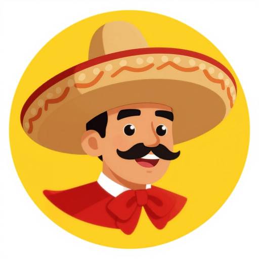 Cartoon-style illustration of a smiling Mexican man with a large sombrero, black mustache, red bowtie, and yellow circular background.