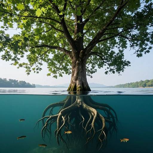 Photograph of a large tree with green leaves standing in a calm, blue river, visible both above and below water, with exposed roots and small fish