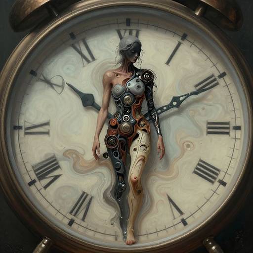 Digital art of a nude, cybernetic woman with mechanical limbs and swirling patterns, standing inside a clock face with Roman numerals.