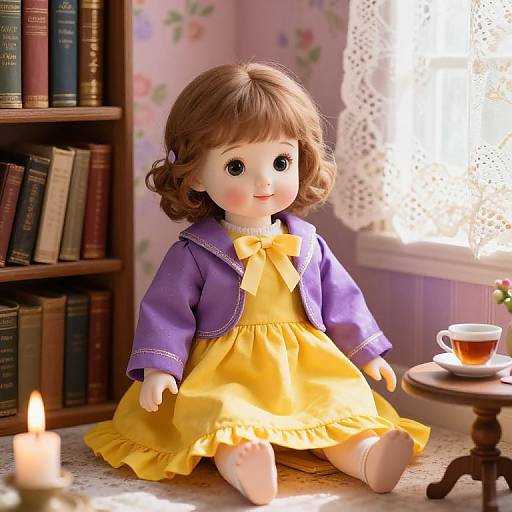 Photograph of a vintage porcelain doll with brown curls, yellow dress, purple jacket, sitting on a lace tablecloth, near candlelit bookshelf and