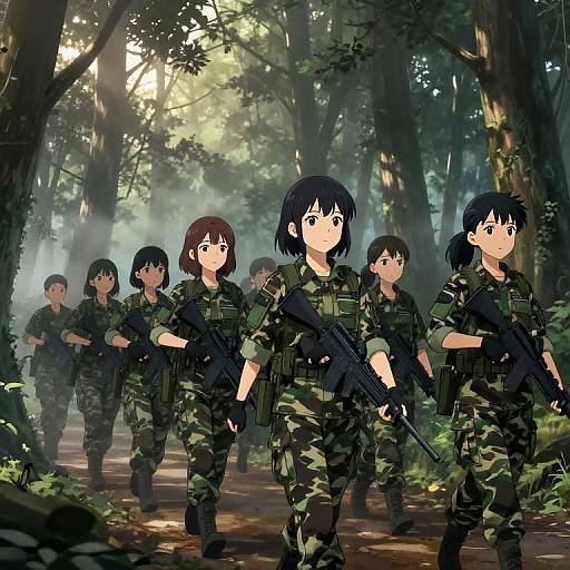 Anime-style digital illustration of six female soldiers in camouflage uniforms, holding rifles, walking through a dense, sunlit forest.