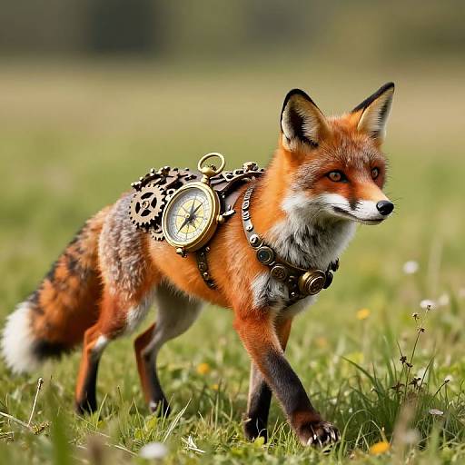 Photograph of a red fox with a vintage-style clock pendant on its black-and-white checkered harness, walking in a sunlit meadow.