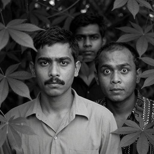 Black and White Portrait of Three Men Among Leaves