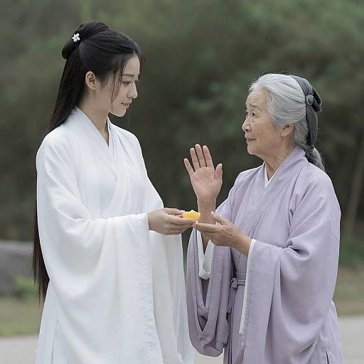 Two Asian women in traditional robes exchanging gift