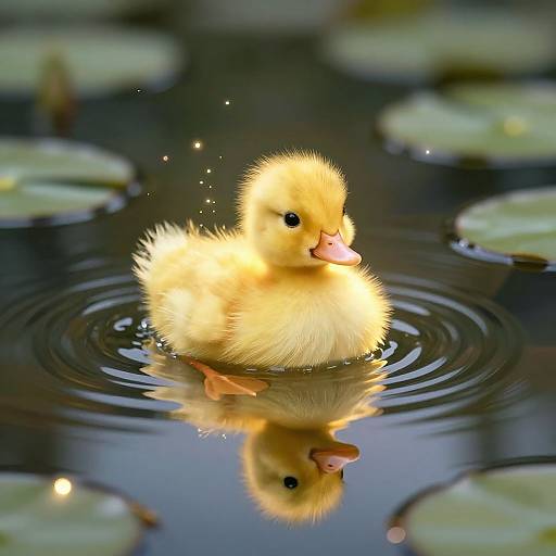 Photograph of a fluffy yellow duckling with a pink beak swimming in a calm pond, surrounded by lily pads, creating ripples and a