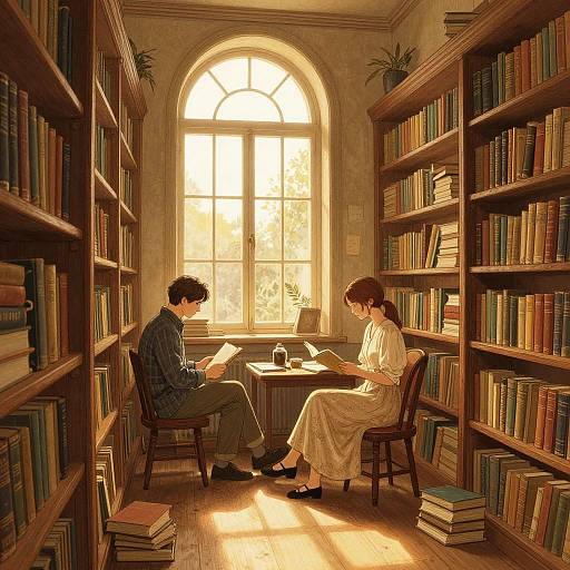 Digital illustration of a sunlit library with a large arched window. A man and woman, both reading, sit on wooden chairs between tall booksh