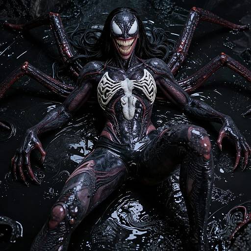 CGI image of Venom lying in dark, wet water, showcasing black, shiny skin with white spider emblem, sharp teeth, and multiple red, spider
