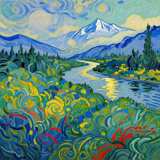 Vibrant, swirling abstract painting of a mountain river landscape with snow-capped peak, colorful foliage, and bright yellow sun in a dynamic, expressive