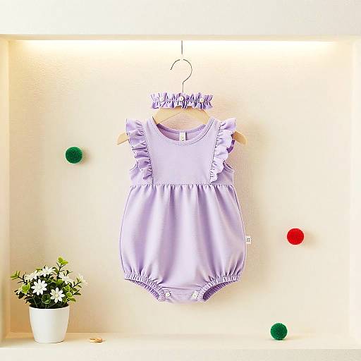 Photograph of a lavender satin baby dress with white lace trim, hanging on a hook, next to a white pot with white flowers and two colorful pom