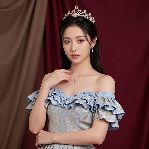 Photograph of an Asian woman with long black hair, wearing a gold tiara, off-shoulder blue ruffled dress, and necklace, against