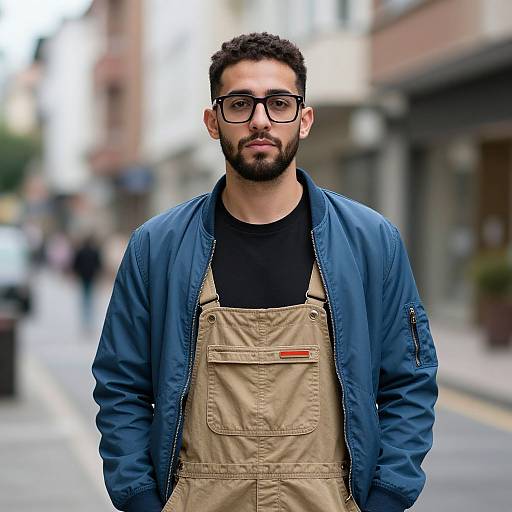 Photograph of a bearded man with dark curly hair, black-framed glasses, blue jacket, beige apron, black shirt, standing on a