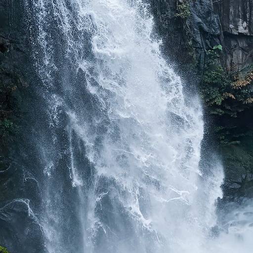 Photograph of a powerful waterfall cascading down a dark, rocky cliff, with white, frothy water splashing against the dark, textured rock face