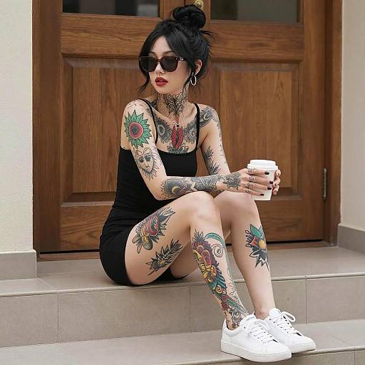 Tattooed Woman on Tiled Steps