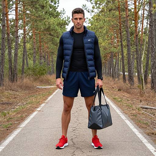 Photograph of a muscular man with short dark hair, wearing a black puffy vest, black shirt, shorts, and red sneakers, holding a black