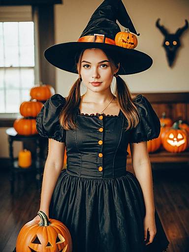 Photograph of a young woman in a black witch costume with a pumpkin hat, holding a carved pumpkin, in a Halloween-decorated room.