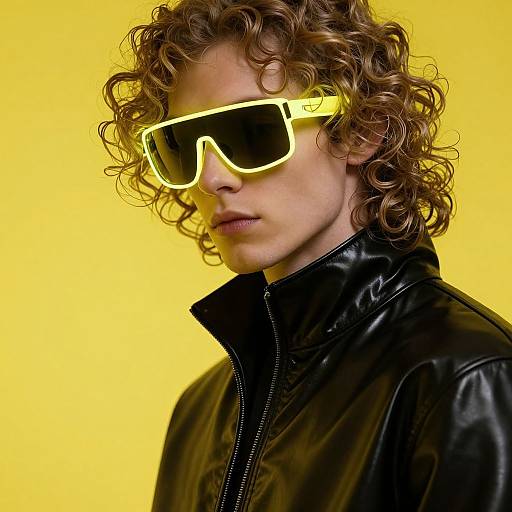 Photograph of a curly-haired man with glowing yellow-framed sunglasses, wearing a black leather jacket, against a bright yellow background.