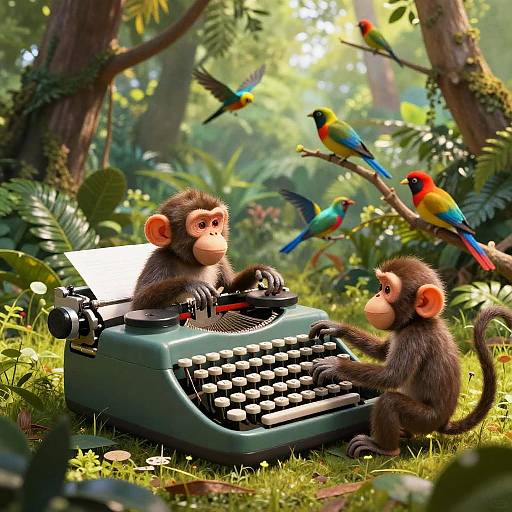 Playful Monkeys Typing in Jungle