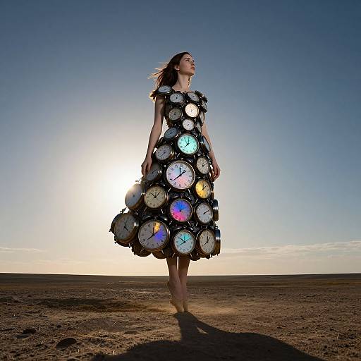 Photograph of a woman in a black dress adorned with oversized clock faces, standing in a sunlit, barren desert landscape.