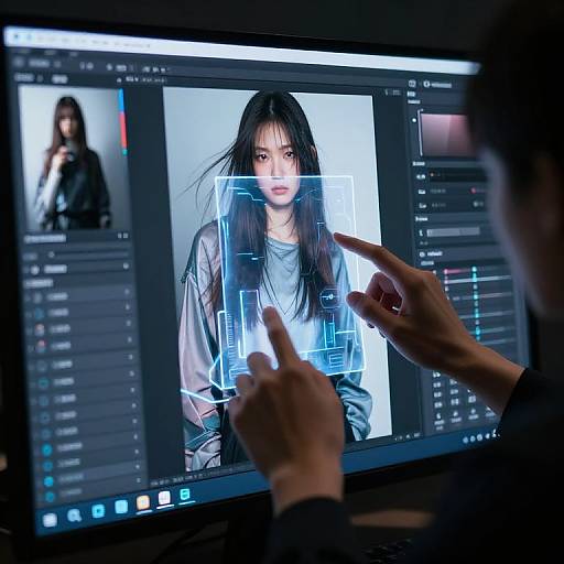 Photograph of a computer screen displaying an edited portrait of an Asian woman with long black hair, blue digital overlays, and hands interacting with the interface.