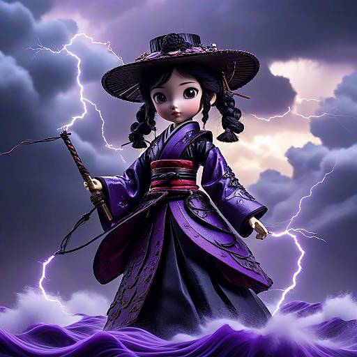 Digital artwork of a young Asian girl in a purple kimono, holding a katana, standing amidst lightning with storm clouds.
